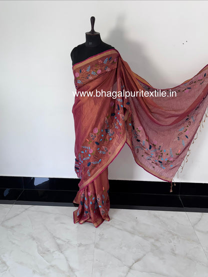 Sundara Pink Linen Handwork Saree (Search code-10159)