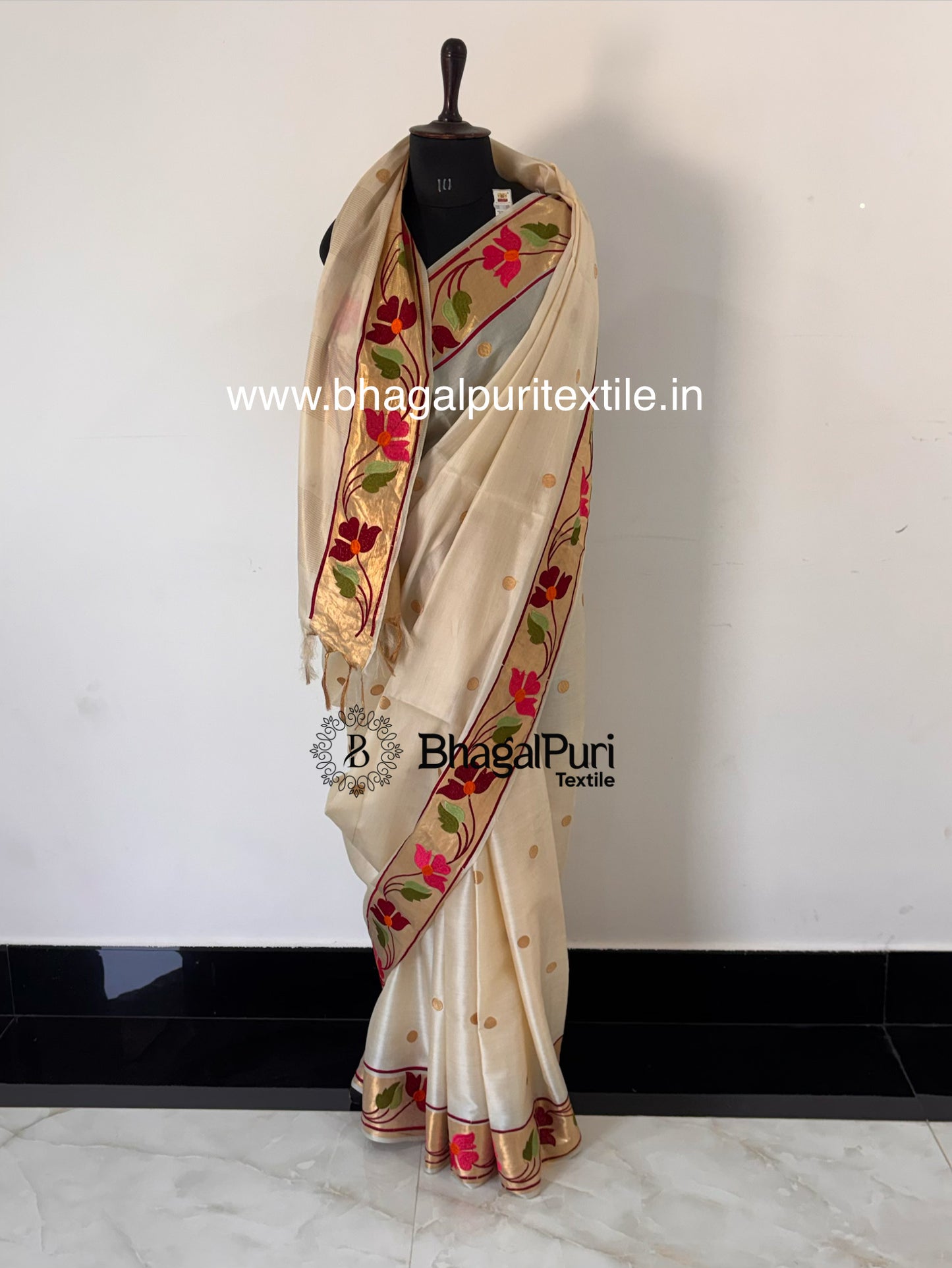 Floral Bloom Tussar Silk Saree with Golden Polka Details (Search Code-10163)