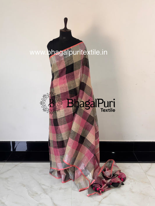 Pink Black Check Linen Saree Handwoven Plain Linen Sari For Women With Running Blouse 1M (Search code-10176).