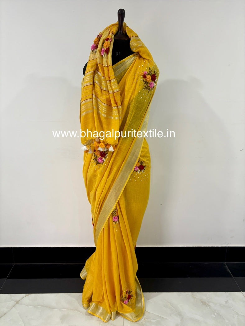 Golden Glow Cotton Hand Embroidered Fench knot Saree (Search Code -1025)