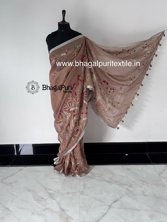Soft Soil Soft Biscuit Tone Linen Saree with Full  Hand Embroidery (Search code-10169).