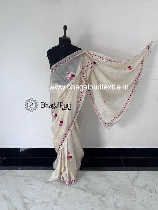 Pearl Veil Tussar Hand Embroidery Saree With Running 1M Blouse.(Search Code-10167)