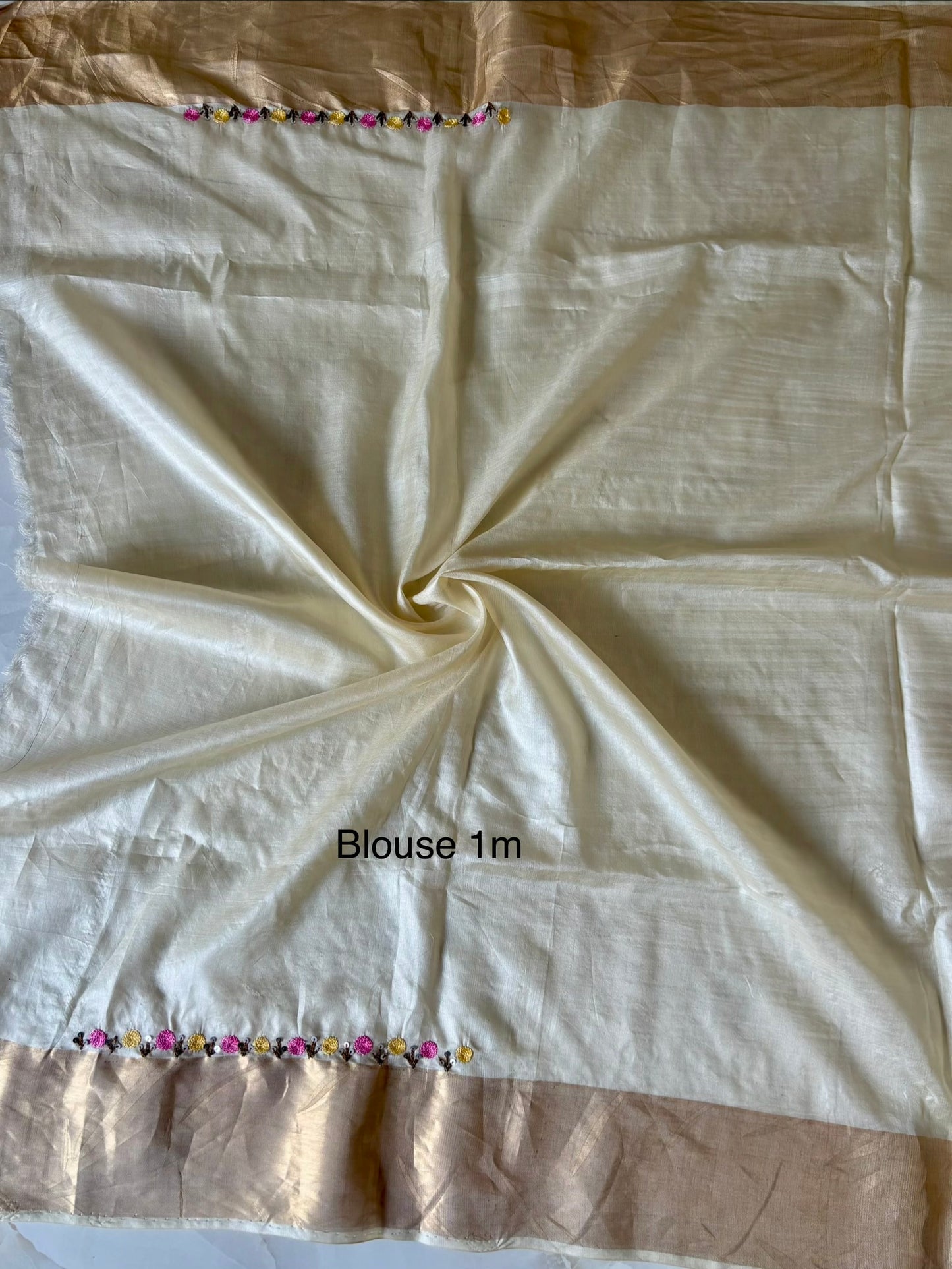 Zarafshan – Ivory Tussar Silk Saree with Intricate Hand-Embroidered Buta With Running Blouse 1m (Search Code-10192).