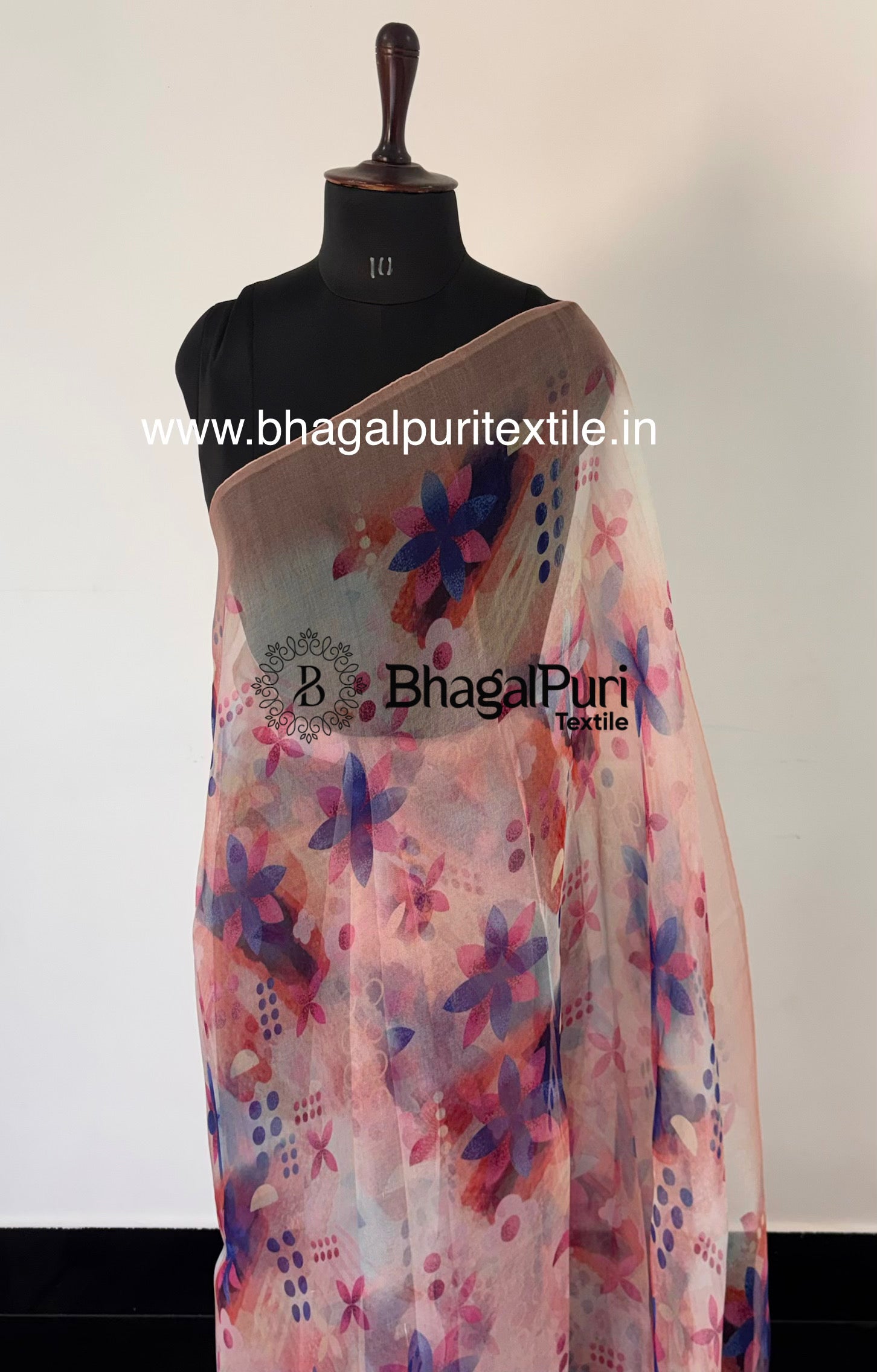 Premium organza digital print saree with delicate sheen and modern artistic print