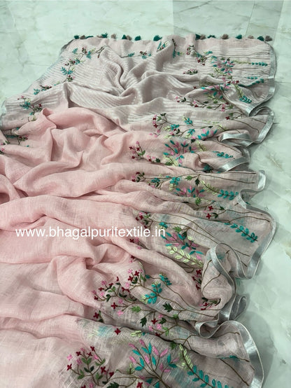 Rose Petal Hand Embroidered Linen Saree (Search Code-1044)