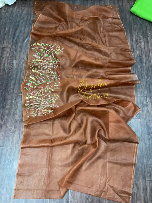 Organza Silk Coffee Hand Embroidered Saree (Search Code-1020)