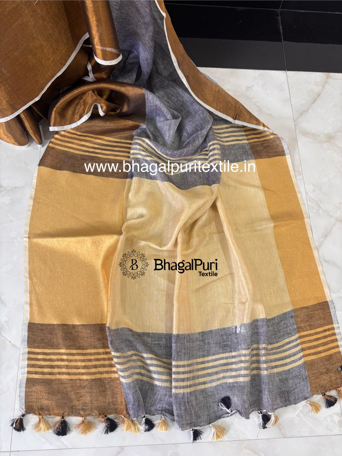 Pure Linen Saree with Metallic Gold Border (Search code-10173).