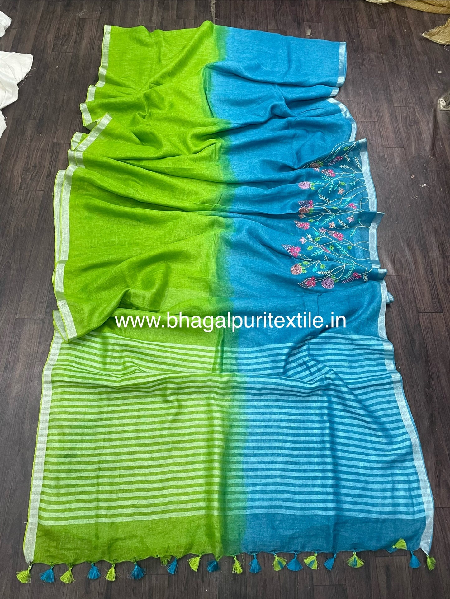 Green and Pacific Blue Dual Tone Saree Linen Hand Embroidered Saree (Search Code-1029)