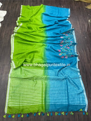 Green and Pacific Blue Dual Tone Saree Linen Hand Embroidered Saree (Search Code-1029)