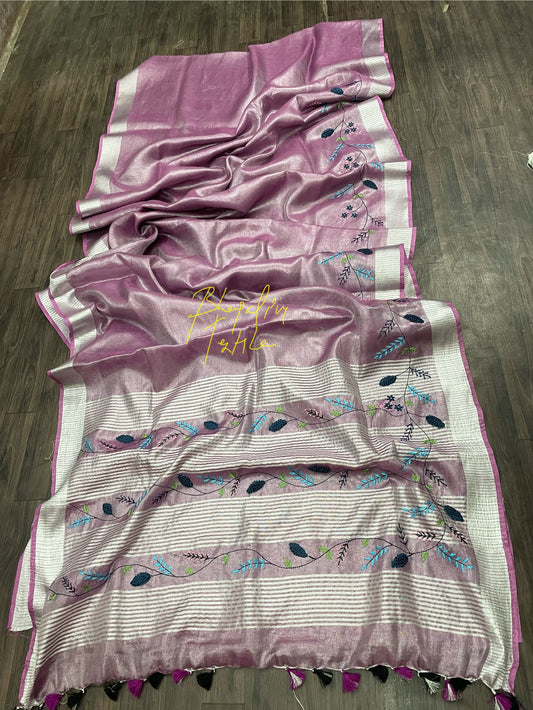 Tissue Linen Fenchknot Hand Embroidered Saree Lavender
