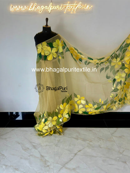 Golden Petals Organza Full Hand Paint ArtSaree With Painted Blouse 1m (Search Code-10190).