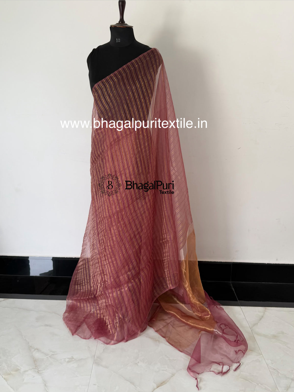 Onion Pink Gold & Silver Stripe Tissue Silk Saree (Search Code-10189).