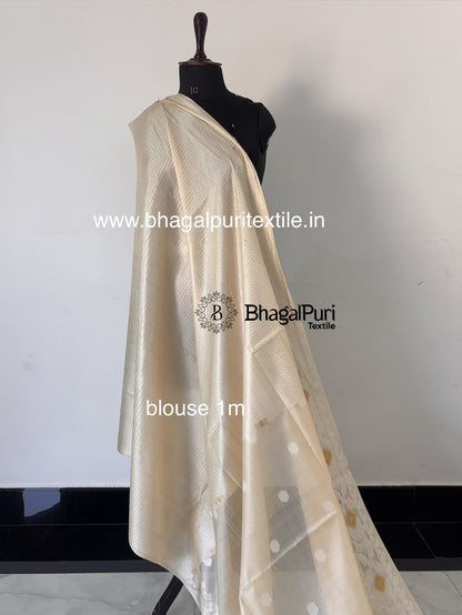 Ivory Gold Pure Tussar Silk Jamdani Saree with Polka dot al over body (Search code-10172).