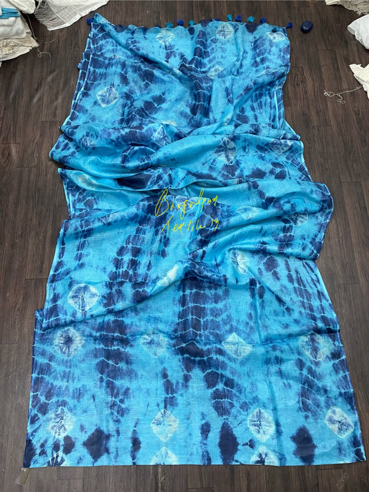 Linen Tourquish Blue Sibori Saree