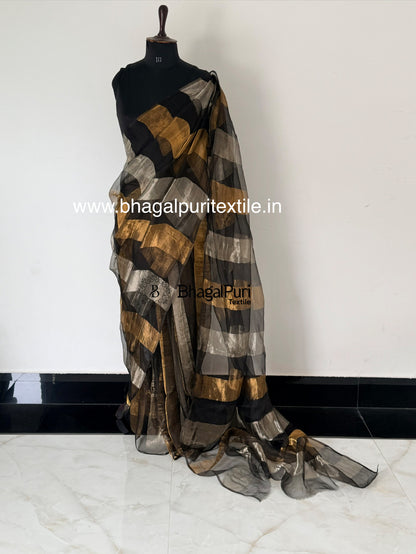 Royal Charcoal Gold & Silver Organza TissueSilk Saree  (Search Code-10193).