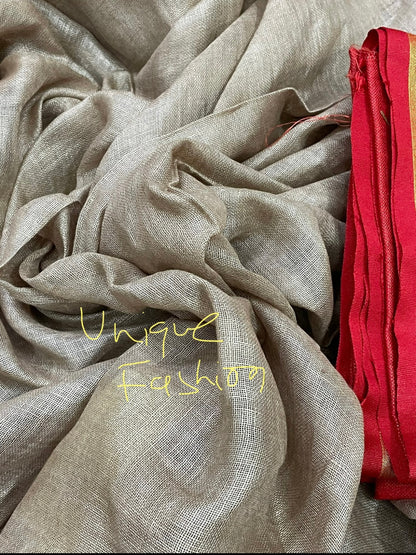 Khaki Linen Saree(Search Code-10117)