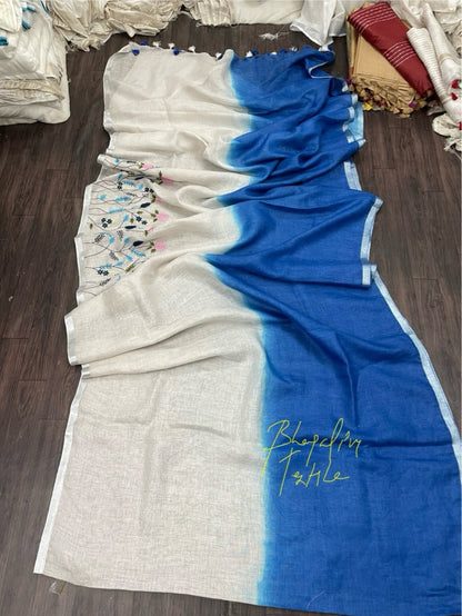 Linen White & Blue Dual Shade Fench knot Hand embroidered Saree (Search Code 1032)