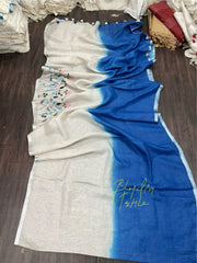 Linen White & Blue Dual Shade Fench knot Hand embroidered Saree (Search Code 1032)