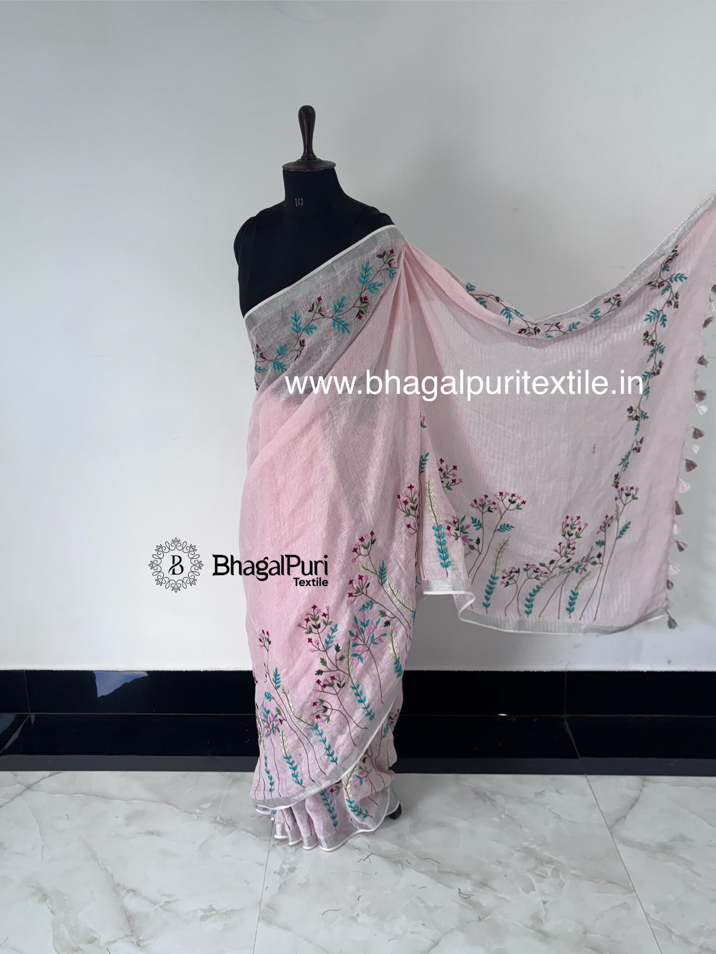 Rose Petal Hand Embroidered Linen Saree (Search Code-1044)