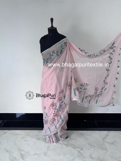 Rose Petal Hand Embroidered Linen Saree (Search Code-1044)