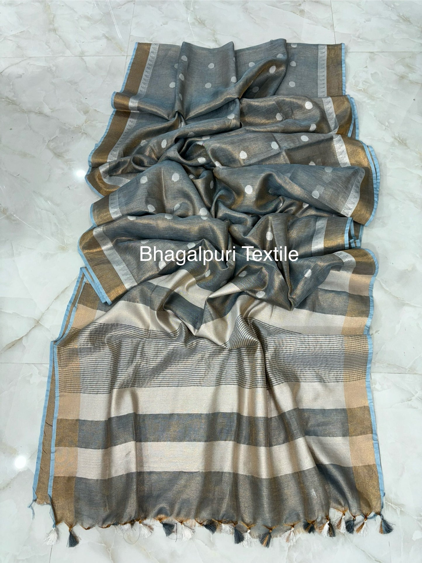 Polka Dot Linen Tissue Saree With Temple Border (Search Code-1057)