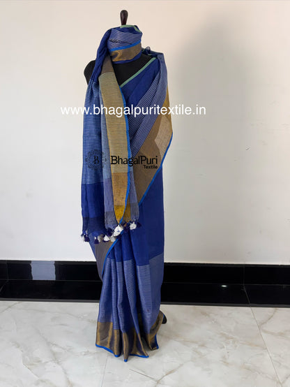 Limited Classic Navy Linen Saree with Horizontal Border (Search code-10186).