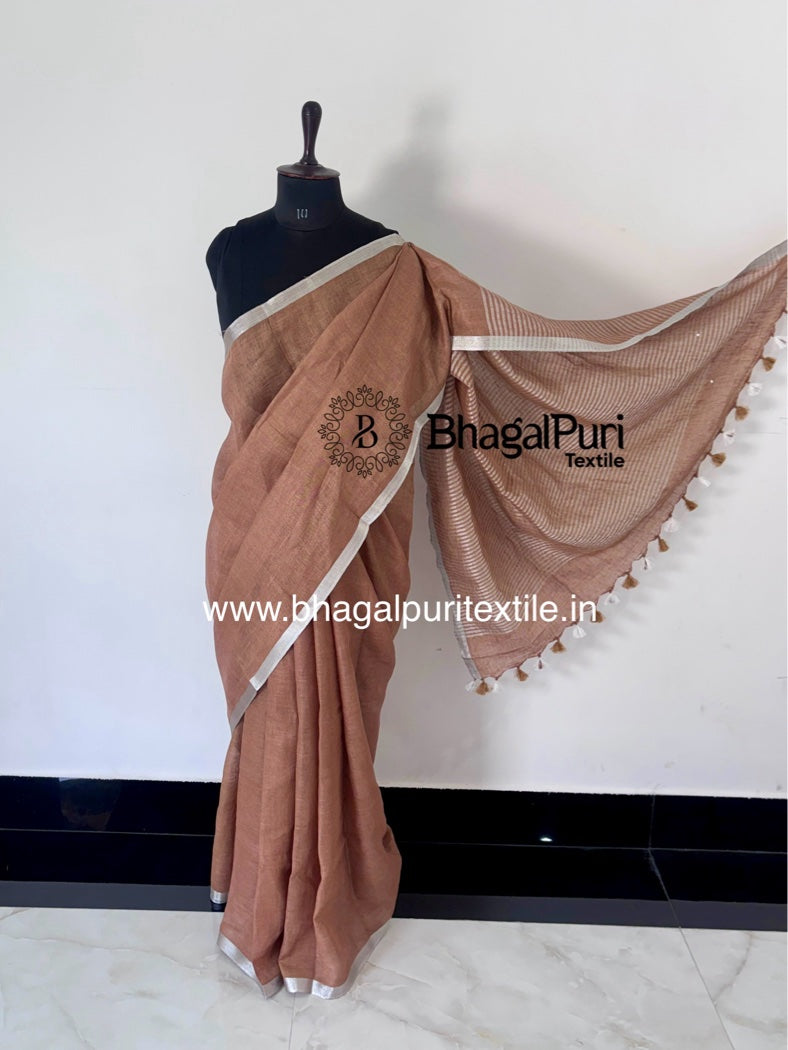 Tana Bana Linen Saree With Contrast Blouse 1 m (Search code-1080)