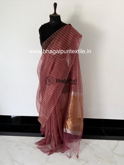 Onion Pink Gold & Silver Stripe Tissue Silk Saree (Search Code-10189).