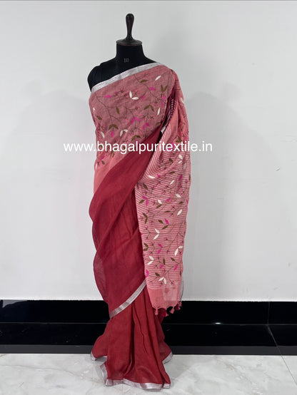 Dual Tone Linen Hand Embroidered Saree in Rose Red & Peach (Search code-10177).