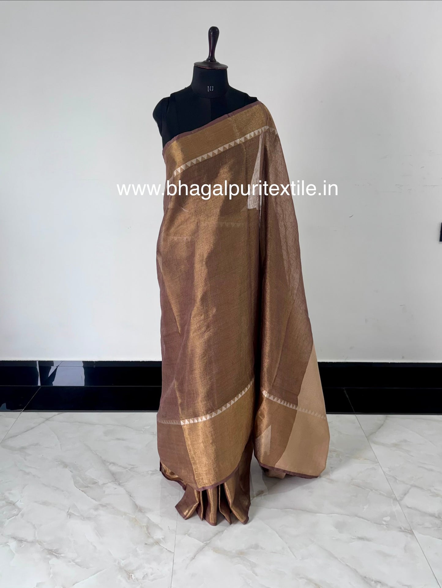 Coffee brown temple border linen saree stylish party wear tissue saree for women