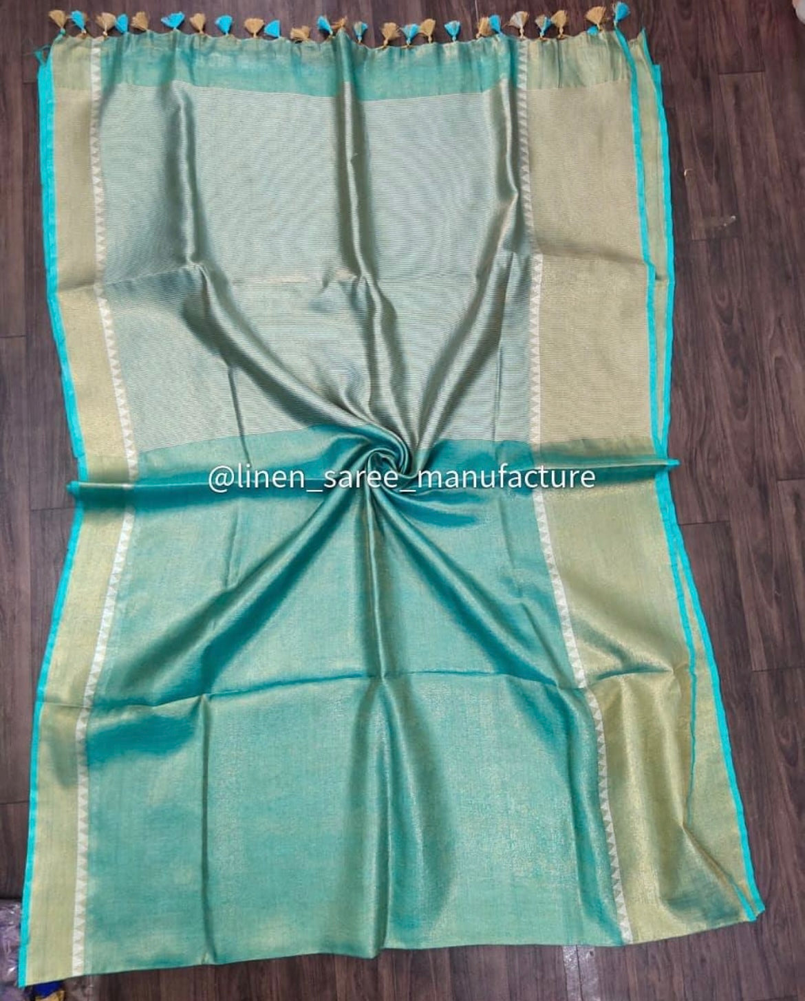 Cyan temple border linen saree stylish party wear tissue saree for women