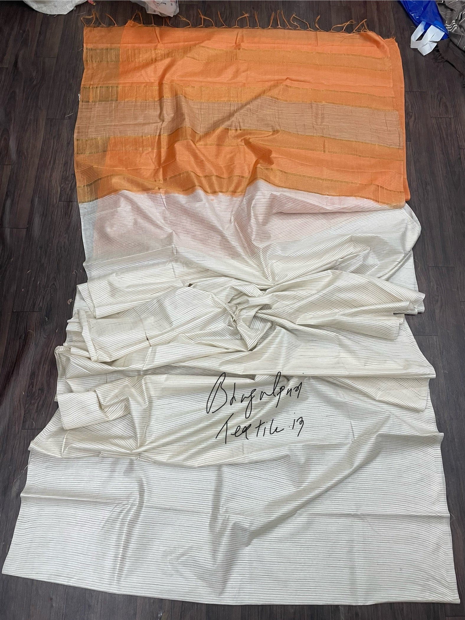Bhagalpuri soft silk creamish orange saree for women, lightweight and elegant for party and festive occasions