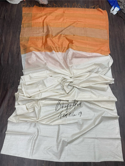 Bhagalpuri soft silk creamish orange saree for women, lightweight and elegant for party and festive occasions