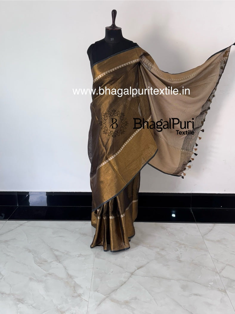 Black temple border linen saree stylish party wear tissue saree for women