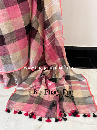 Pink Black Check Linen Saree Handwoven Plain Linen Sari For Women With Running Blouse 1M (Search code-10176).