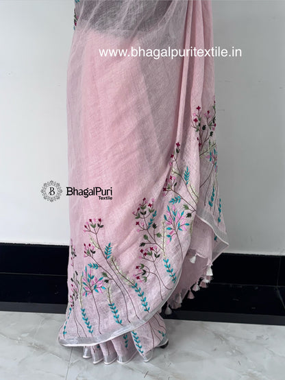 Rose Petal Hand Embroidered Linen Saree (Search Code-1044)