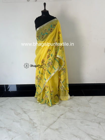 Sunshine Yellow Hand Embroidered Linen Saree (Search Code-1044)