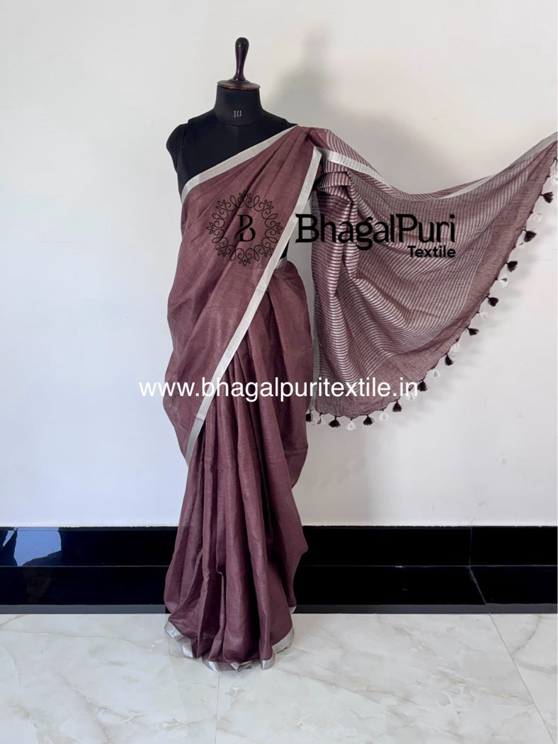 Tana Bana Linen Saree With Contrast Blouse 1 m (Search code-1080)