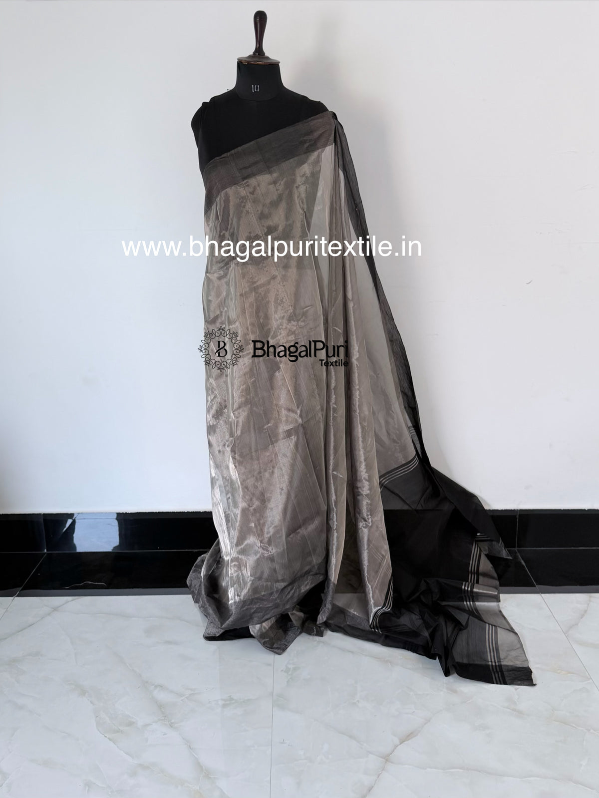Premium Handloom Smoky Silver Tissue Silk Saree with Black Contrast Border & Contrast Blouse 1m (Search Code-10188)