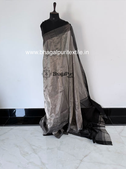 Premium Handloom Smoky Silver Tissue Silk Saree with Black Contrast Border & Contrast Blouse 1m (Search Code-10188)