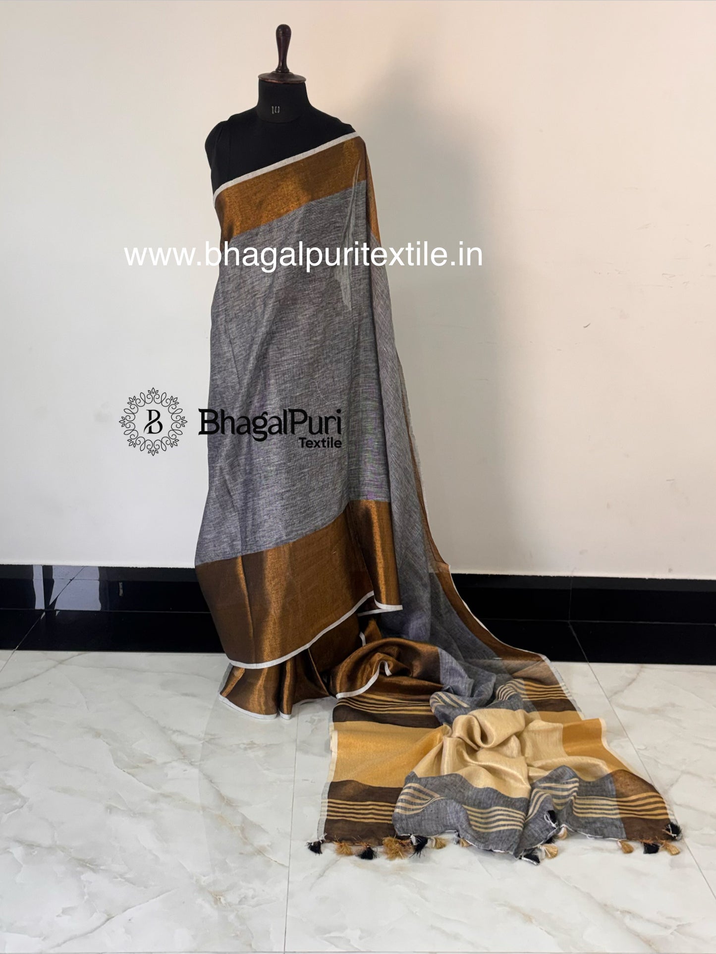 Pure Linen Saree with Metallic Gold Border (Search code-10173).