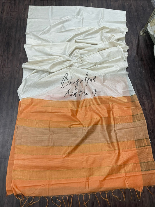 Creamish orange Bhagalpuri silk saree with soft texture, perfect for wedding, party and traditional wear