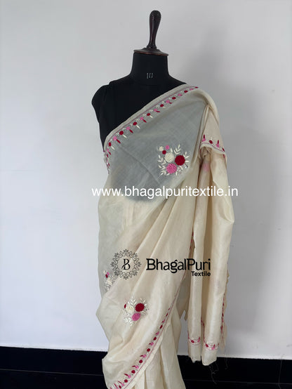 Pearl Veil Tussar Hand Embroidery Saree With Running 1M Blouse.(Search Code-10167)