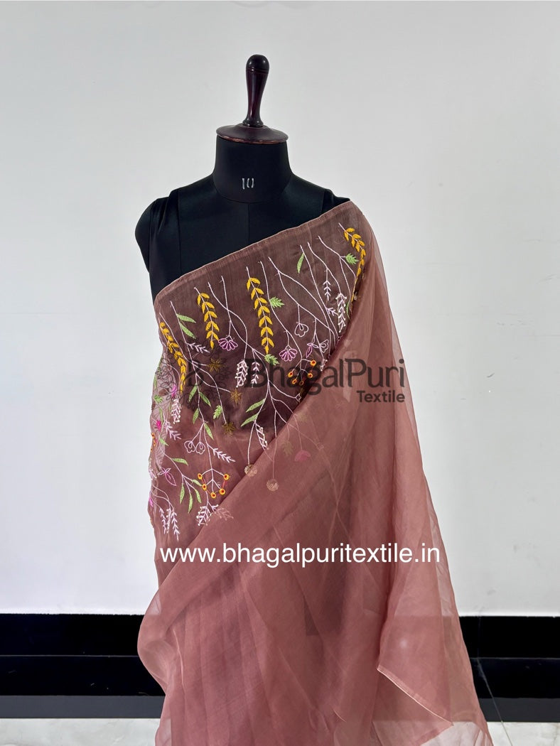 Choco Mist – Light Brown Organza Embroidered Saree With Running Plain Blouse pcs 1 m (Search Code-1020)