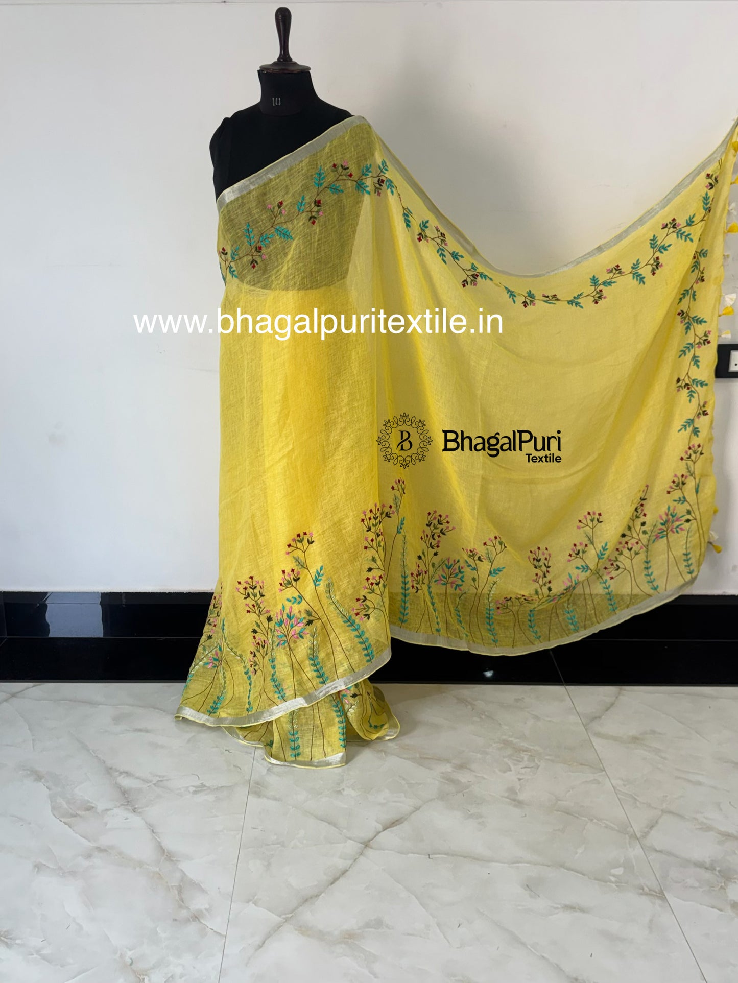 Sunshine Yellow Hand Embroidered Linen Saree (Search Code-1044)