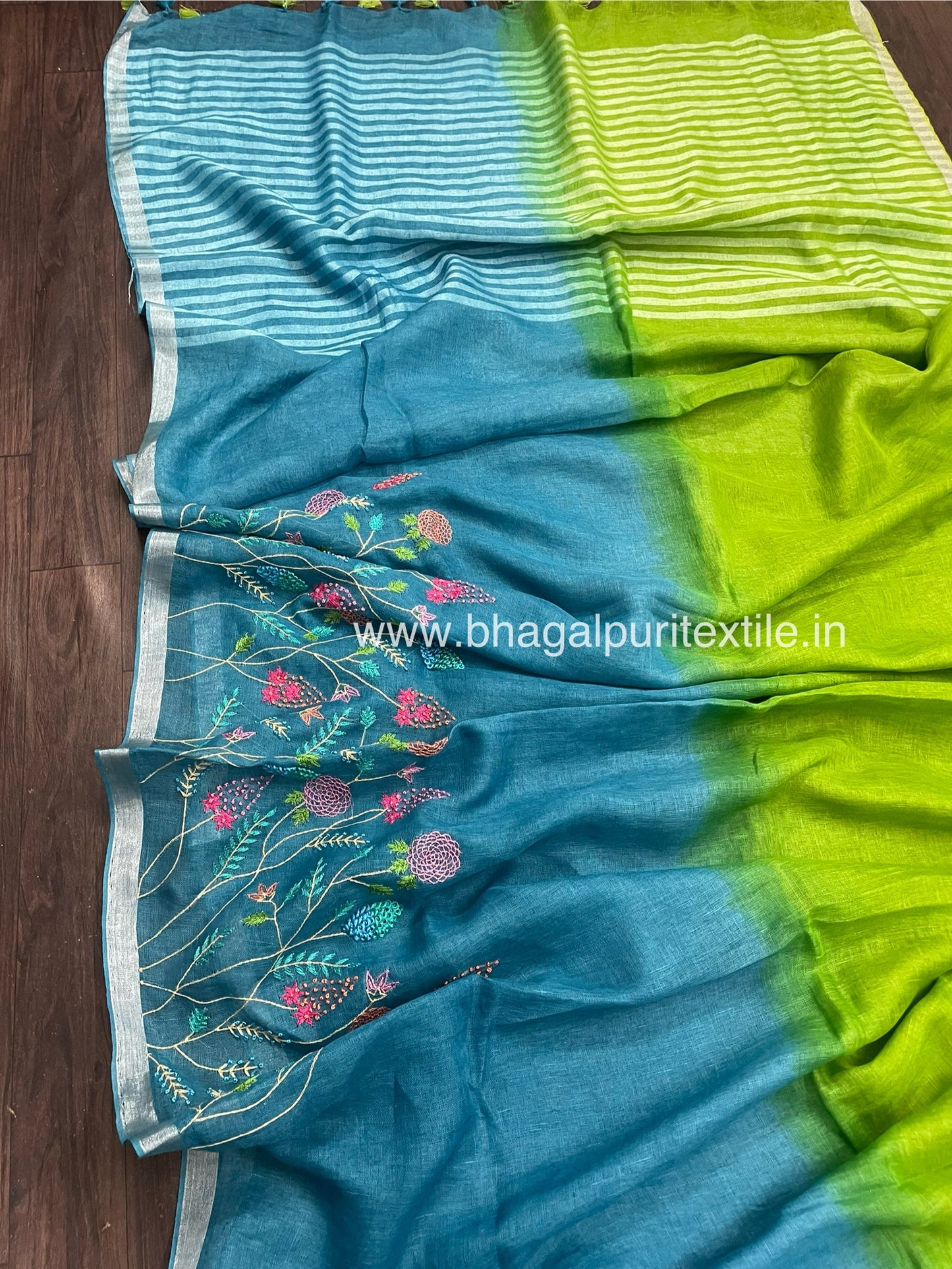 Green and Pacific Blue Dual Tone Saree Linen Hand Embroidered Saree (Search Code-1029)