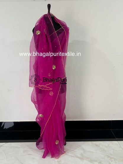 Gulnaar Bloom Magenta Pink Organza Handwork Saree with Floral Sequins & Scalloped Border (Search Code-10191).