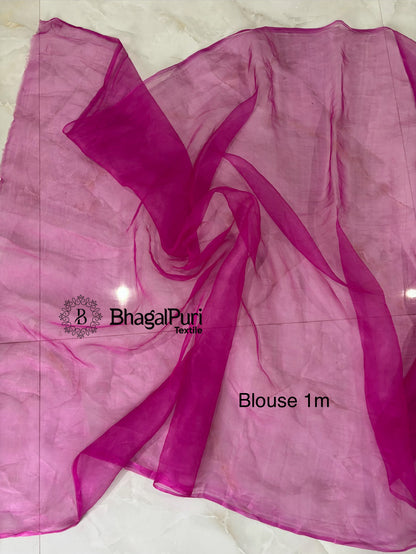 Gulnaar Bloom Magenta Pink Organza Handwork Saree with Floral Sequins & Scalloped Border (Search Code-10191).