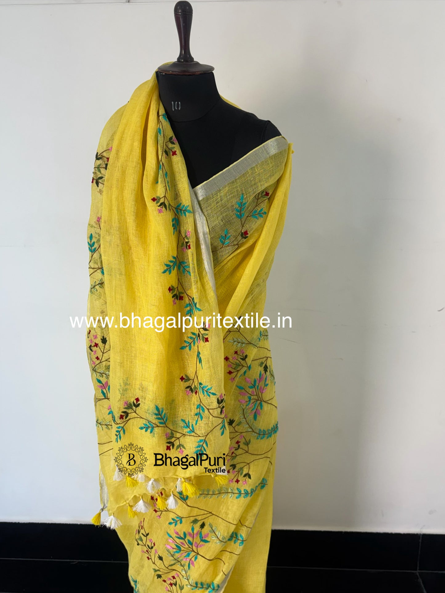 Sunshine Yellow Hand Embroidered Linen Saree (Search Code-1044)