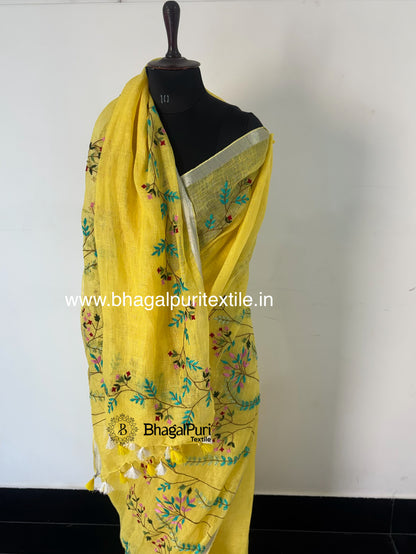 Sunshine Yellow Hand Embroidered Linen Saree (Search Code-1044)